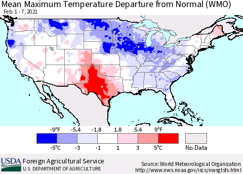 United States Maximum Temperature Departure From Normal (WMO) Thematic Map For 2/1/2021 - 2/7/2021