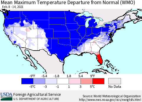 United States Mean Maximum Temperature Departure from Normal (WMO) Thematic Map For 2/8/2021 - 2/14/2021