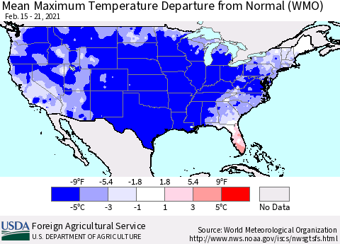 United States Maximum Temperature Departure From Normal (WMO) Thematic Map For 2/15/2021 - 2/21/2021