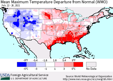 United States Maximum Temperature Departure From Normal (WMO) Thematic Map For 2/22/2021 - 2/28/2021