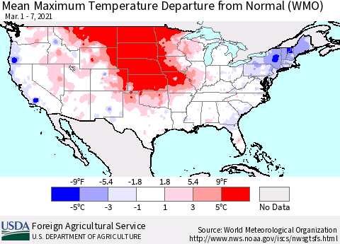 United States Mean Maximum Temperature Departure from Normal (WMO) Thematic Map For 3/1/2021 - 3/7/2021