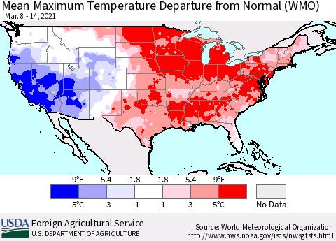 United States Maximum Temperature Departure From Normal (WMO) Thematic Map For 3/8/2021 - 3/14/2021