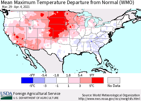 United States Maximum Temperature Departure From Normal (WMO) Thematic Map For 3/29/2021 - 4/4/2021