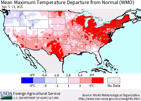 United States Maximum Temperature Departure From Normal (WMO) Thematic Map For 4/5/2021 - 4/11/2021