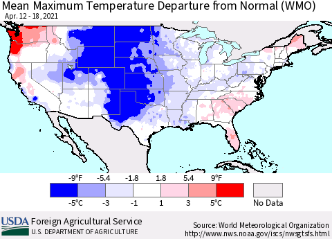 United States Mean Maximum Temperature Departure from Normal (WMO) Thematic Map For 4/12/2021 - 4/18/2021