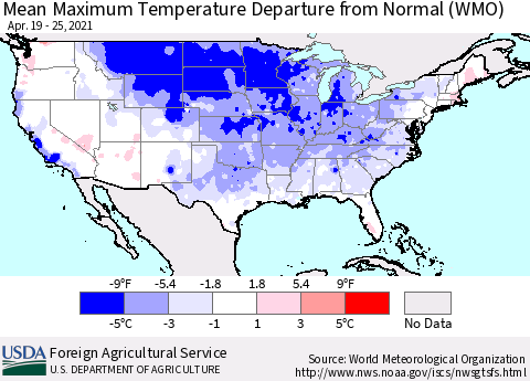 United States Maximum Temperature Departure From Normal (WMO) Thematic Map For 4/19/2021 - 4/25/2021
