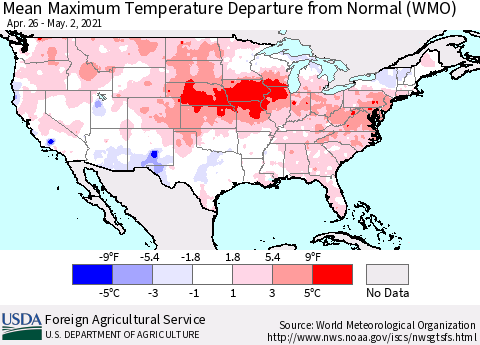 United States Mean Maximum Temperature Departure from Normal (WMO) Thematic Map For 4/26/2021 - 5/2/2021