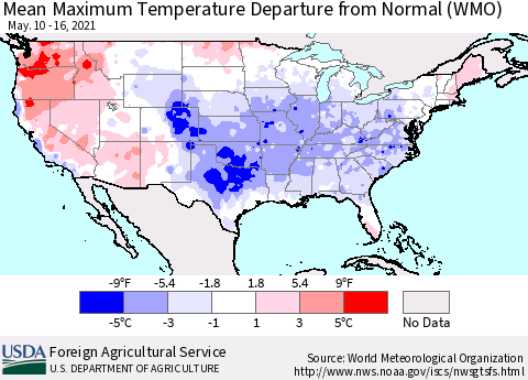 United States Mean Maximum Temperature Departure from Normal (WMO) Thematic Map For 5/10/2021 - 5/16/2021