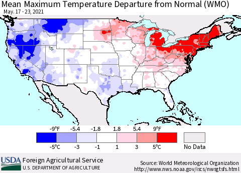 United States Maximum Temperature Departure From Normal (WMO) Thematic Map For 5/17/2021 - 5/23/2021