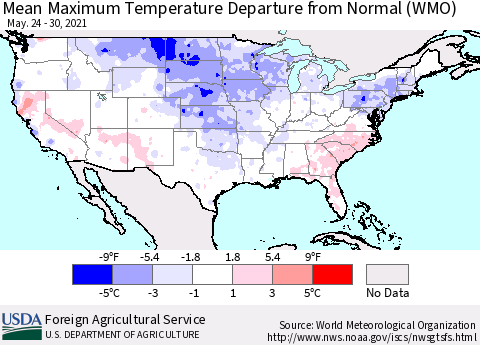 United States Mean Maximum Temperature Departure from Normal (WMO) Thematic Map For 5/24/2021 - 5/30/2021