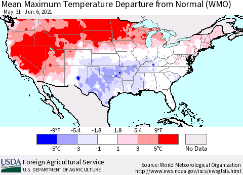 United States Mean Maximum Temperature Departure from Normal (WMO) Thematic Map For 5/31/2021 - 6/6/2021