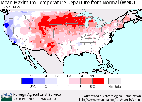 United States Mean Maximum Temperature Departure from Normal (WMO) Thematic Map For 6/7/2021 - 6/13/2021