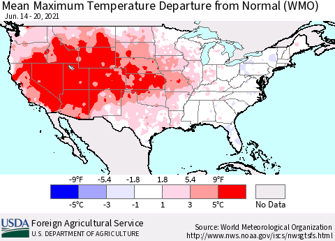 United States Maximum Temperature Departure From Normal (WMO) Thematic Map For 6/14/2021 - 6/20/2021