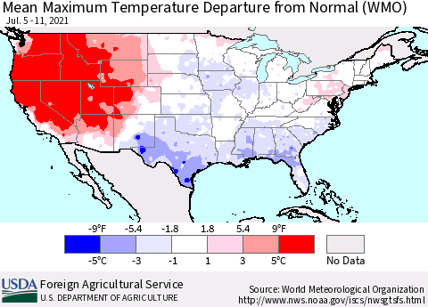 United States Mean Maximum Temperature Departure from Normal (WMO) Thematic Map For 7/5/2021 - 7/11/2021