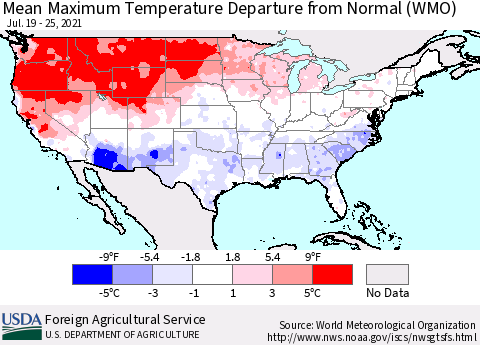 United States Maximum Temperature Departure From Normal (WMO) Thematic Map For 7/19/2021 - 7/25/2021