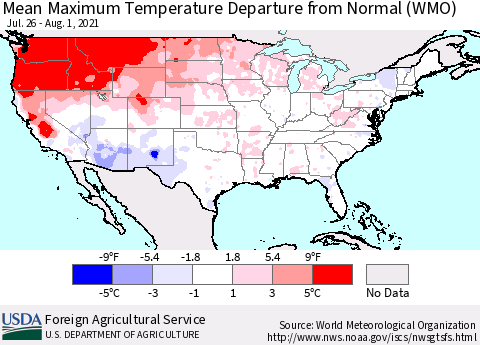 United States Maximum Temperature Departure From Normal (WMO) Thematic Map For 7/26/2021 - 8/1/2021