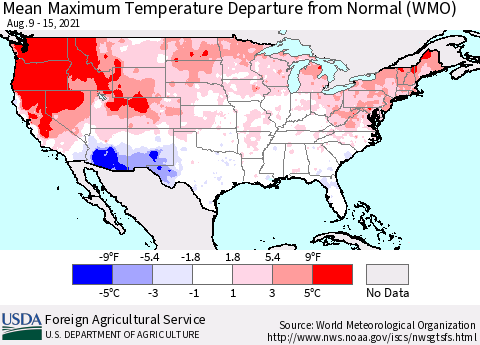 United States Mean Maximum Temperature Departure from Normal (WMO) Thematic Map For 8/9/2021 - 8/15/2021