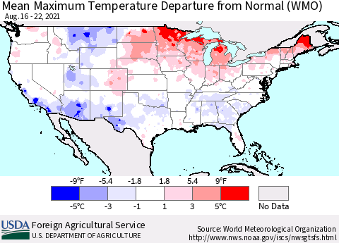 United States Maximum Temperature Departure From Normal (WMO) Thematic Map For 8/16/2021 - 8/22/2021