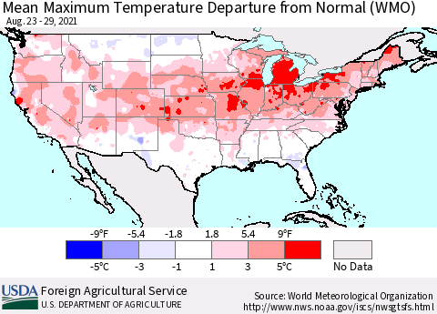 United States Maximum Temperature Departure From Normal (WMO) Thematic Map For 8/23/2021 - 8/29/2021