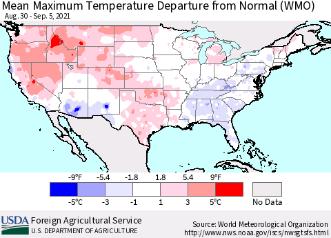 United States Mean Maximum Temperature Departure from Normal (WMO) Thematic Map For 8/30/2021 - 9/5/2021