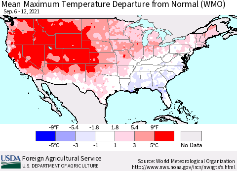 United States Mean Maximum Temperature Departure from Normal (WMO) Thematic Map For 9/6/2021 - 9/12/2021