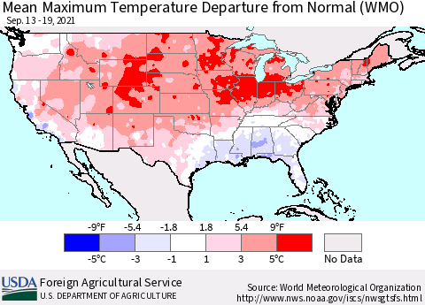 United States Mean Maximum Temperature Departure from Normal (WMO) Thematic Map For 9/13/2021 - 9/19/2021