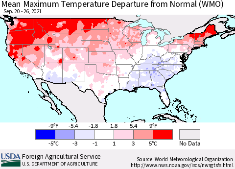 United States Mean Maximum Temperature Departure from Normal (WMO) Thematic Map For 9/20/2021 - 9/26/2021