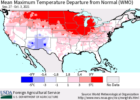 United States Mean Maximum Temperature Departure from Normal (WMO) Thematic Map For 9/27/2021 - 10/3/2021