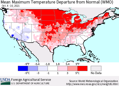 United States Mean Maximum Temperature Departure from Normal (WMO) Thematic Map For 10/4/2021 - 10/10/2021