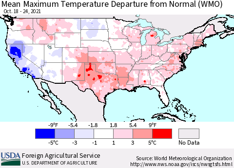 United States Maximum Temperature Departure From Normal (WMO) Thematic Map For 10/18/2021 - 10/24/2021