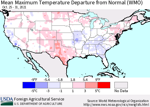 United States Mean Maximum Temperature Departure from Normal (WMO) Thematic Map For 10/25/2021 - 10/31/2021