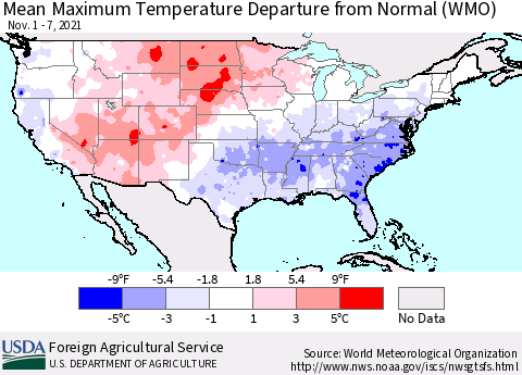 United States Mean Maximum Temperature Departure from Normal (WMO) Thematic Map For 11/1/2021 - 11/7/2021