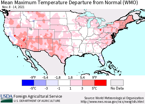 United States Mean Maximum Temperature Departure from Normal (WMO) Thematic Map For 11/8/2021 - 11/14/2021