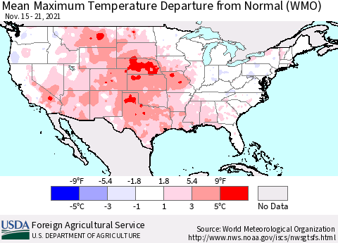 United States Mean Maximum Temperature Departure from Normal (WMO) Thematic Map For 11/15/2021 - 11/21/2021