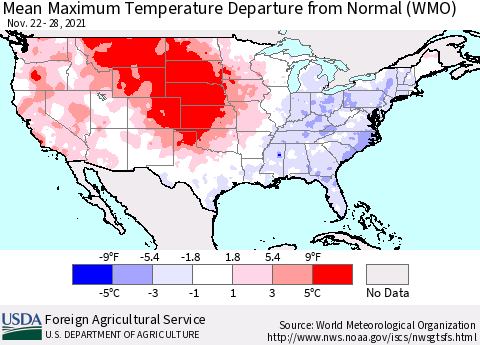 United States Mean Maximum Temperature Departure from Normal (WMO) Thematic Map For 11/22/2021 - 11/28/2021