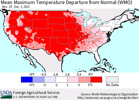 United States Maximum Temperature Departure From Normal (WMO) Thematic Map For 11/29/2021 - 12/5/2021
