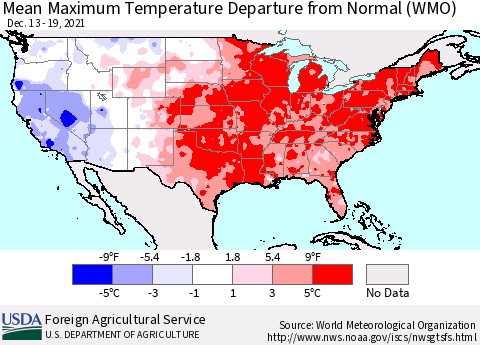 United States Maximum Temperature Departure From Normal (WMO) Thematic Map For 12/13/2021 - 12/19/2021