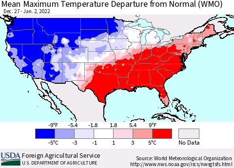 United States Mean Maximum Temperature Departure from Normal (WMO) Thematic Map For 12/27/2021 - 1/2/2022