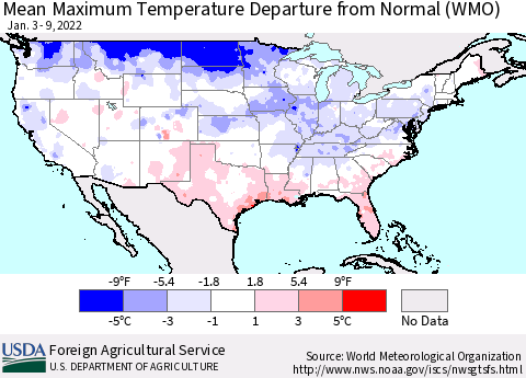 United States Mean Maximum Temperature Departure from Normal (WMO) Thematic Map For 1/3/2022 - 1/9/2022