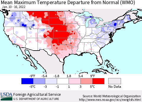 United States Mean Maximum Temperature Departure from Normal (WMO) Thematic Map For 1/10/2022 - 1/16/2022