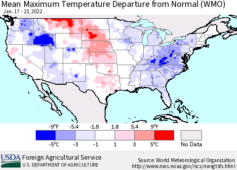 United States Mean Maximum Temperature Departure from Normal (WMO) Thematic Map For 1/17/2022 - 1/23/2022