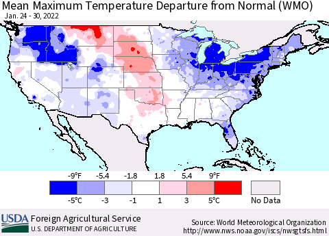 United States Mean Maximum Temperature Departure from Normal (WMO) Thematic Map For 1/24/2022 - 1/30/2022