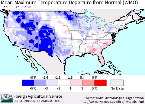 United States Mean Maximum Temperature Departure from Normal (WMO) Thematic Map For 1/31/2022 - 2/6/2022