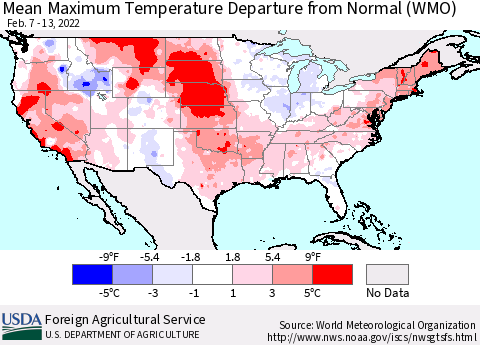 United States Mean Maximum Temperature Departure from Normal (WMO) Thematic Map For 2/7/2022 - 2/13/2022