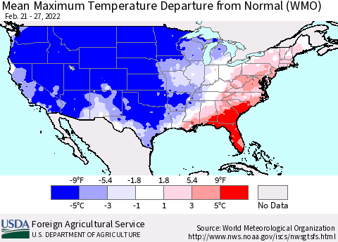 United States Mean Maximum Temperature Departure from Normal (WMO) Thematic Map For 2/21/2022 - 2/27/2022