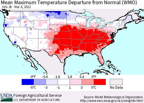 United States Mean Maximum Temperature Departure from Normal (WMO) Thematic Map For 2/28/2022 - 3/6/2022