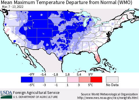 United States Mean Maximum Temperature Departure from Normal (WMO) Thematic Map For 3/7/2022 - 3/13/2022