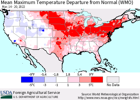 United States Mean Maximum Temperature Departure from Normal (WMO) Thematic Map For 3/14/2022 - 3/20/2022