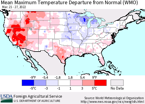 United States Maximum Temperature Departure From Normal (WMO) Thematic Map For 3/21/2022 - 3/27/2022