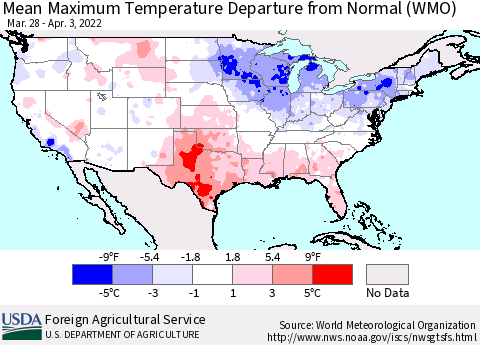 United States Mean Maximum Temperature Departure from Normal (WMO) Thematic Map For 3/28/2022 - 4/3/2022